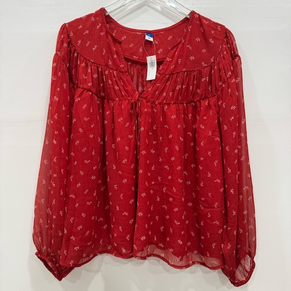 Old Navy Tie Front Chiffon Top Red Micro Flower Print XL Fall 2024 - Picture 2 of 9